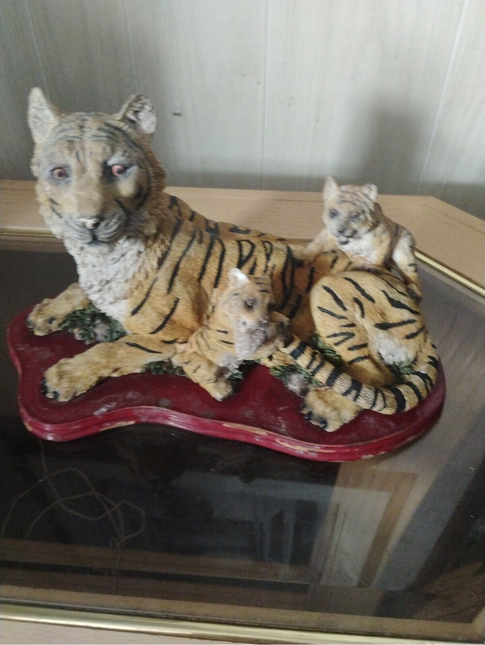 Handcrafted Tiger Family Figurine on Wooden Base
